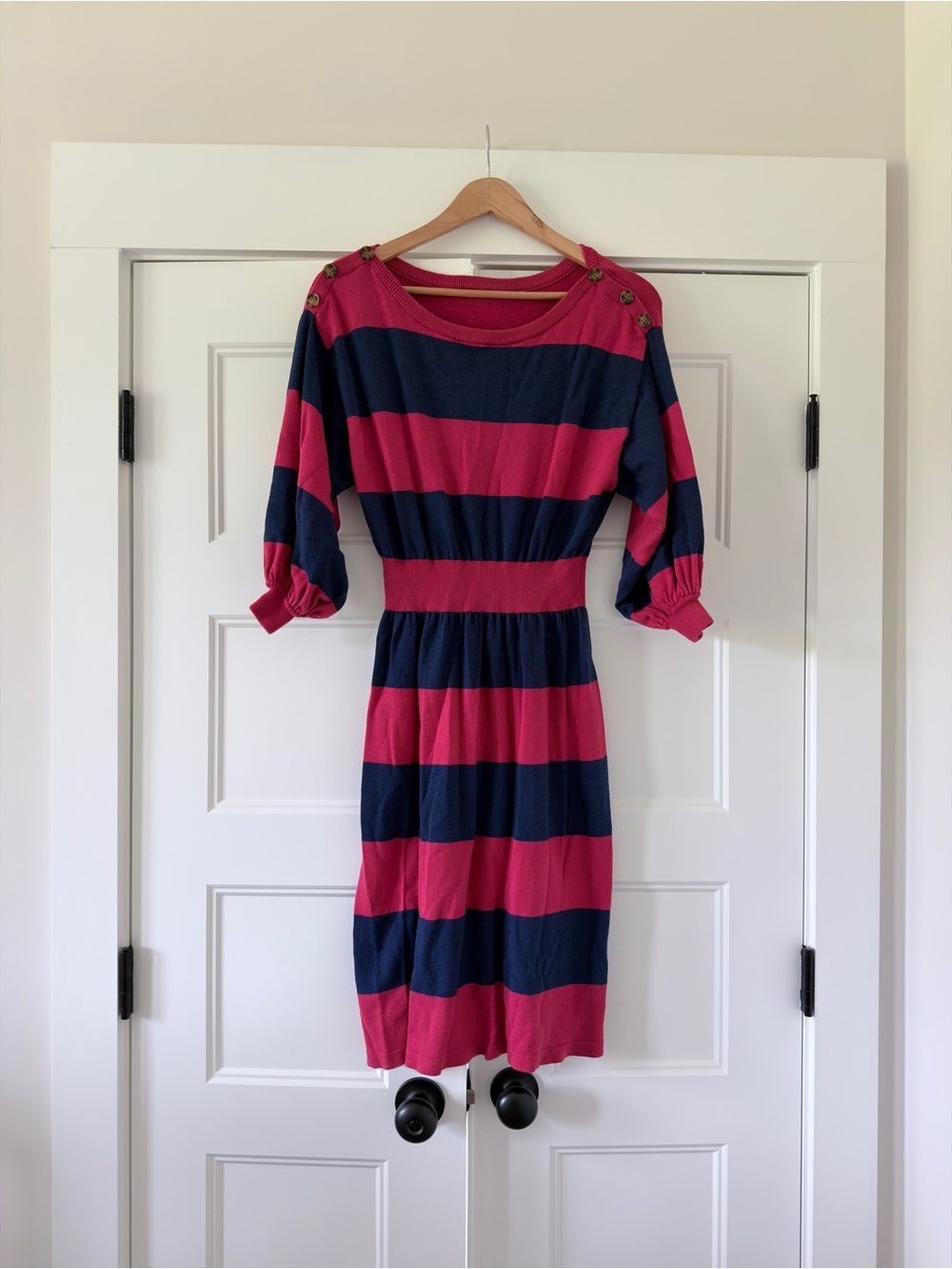 READ Free People Red and Navy Striped Midi Sweater Dress faux Button detail S
